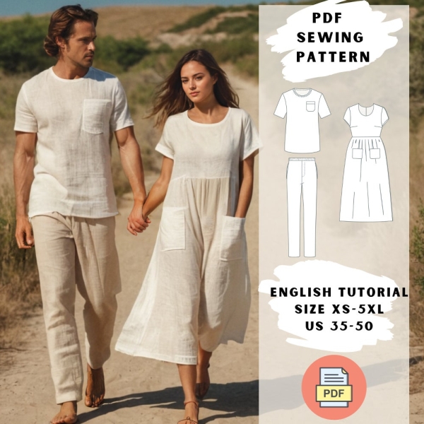 Couple's Linen Outfit Sewing Pattern PDF - Men's Linen Shirt - Women's Patch Pocket Linen Dress XS-5XL - Summer Matching Set