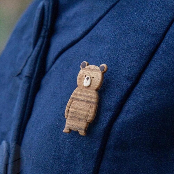 Little bear Pin Badge Brooch - Handmade and hand carved wooden pins - cute funny animal characters for clothes, jeans and bags