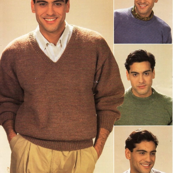 mens classic sweater knitting pattern pdf DK v or round neck jumpers 36-46" DK light worsted 8ply pdf Instant download