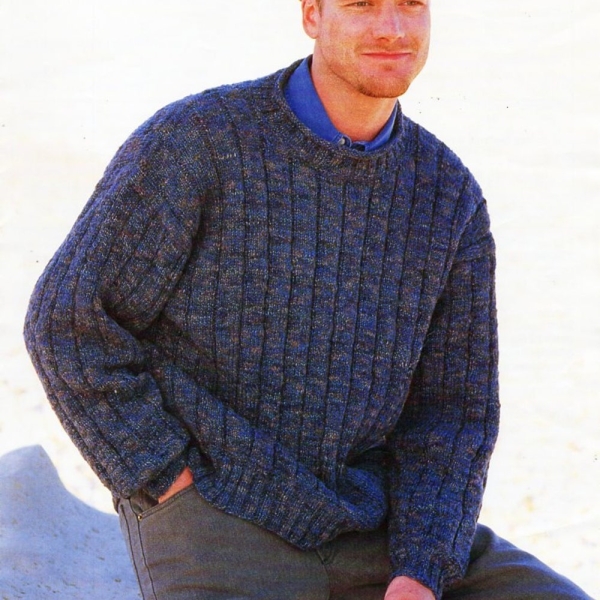 mens sweater knitting pattern pdf wide rib round neck jumper 34-48" DK light worsted 8ply pdf instant download