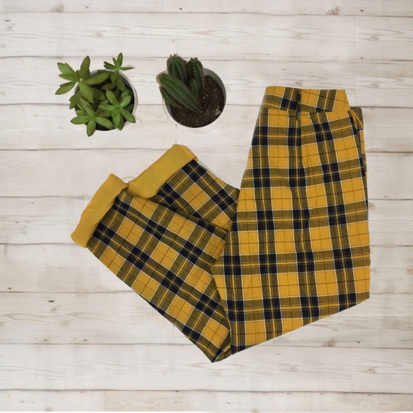 Lined Tartan Plaid Nova Check Chino Capri Pants/Trousers - Mustard & Navy