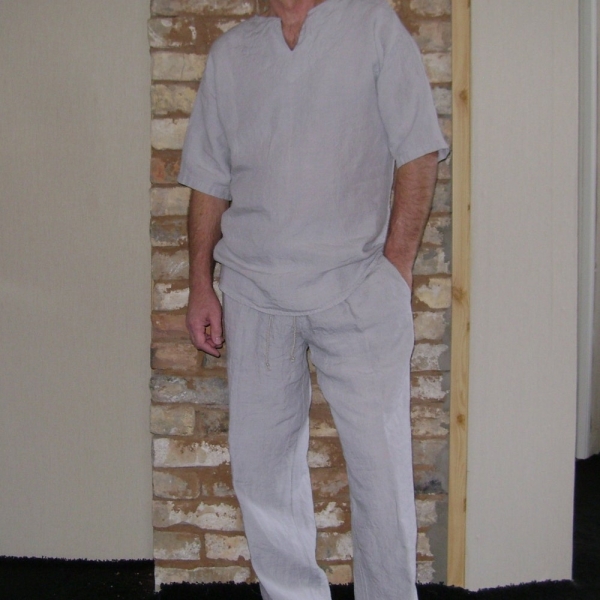 Men"s Linen Summer Set, Long Trousers and Slim Fit T-Shirt, Pants with Elastic and Tie waistband, Side pockets, Comfortable Outfit Costume