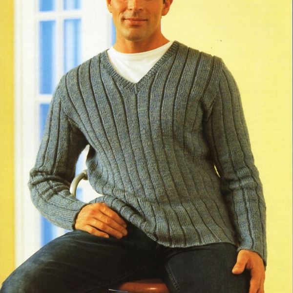 mens sweater knitting pattern pdf mens v neck ribbed jumper pullover 34-42" DK light worsted 8ply pdf instant download