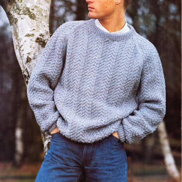 vintage mens sweater knitting pattern pdf mans jumper patterned round neck 34-44" aran worsted 10ply pdf instant download