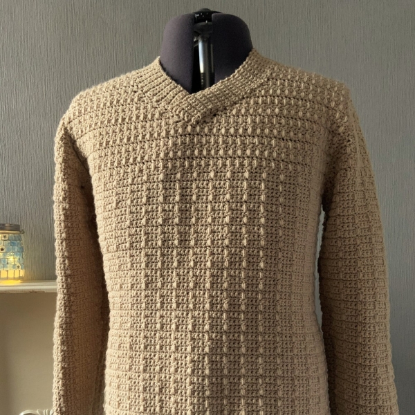 Men's Crochet PDF Pattern, Long Loop Stripe Textured V Neck Sweater