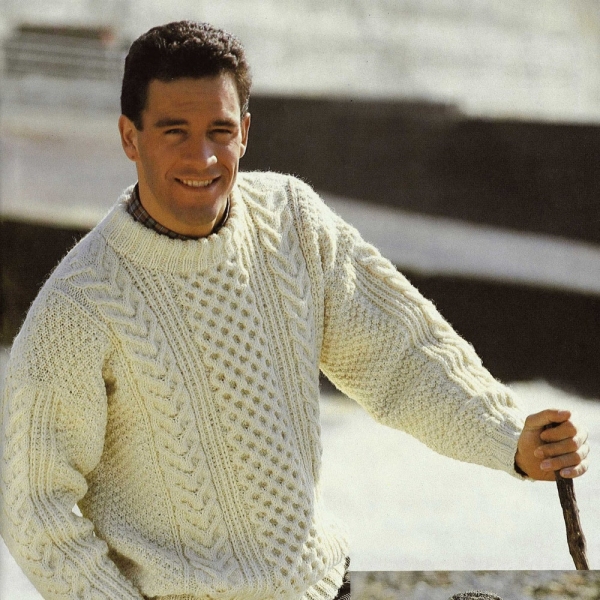 Mens Classic Aran Sweater with Choice of Round or V-Neck, Vintage Knitting Pattern, PDF, Digital Download - B894