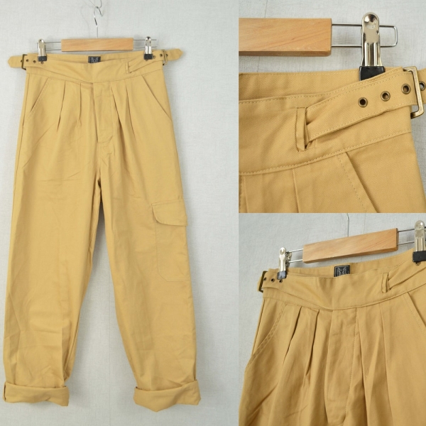 Gurkha Pants British Military 1950s 7oz Army Trousers Belted Pleated Front Cotton -  Tan Beige / Army Green