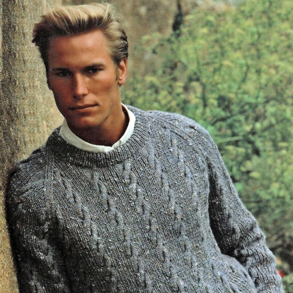 Mens Classic Rib and Cable Sweater with Raglan Sleeves and Round Neck, Vintage Knitting Pattern, PDF, Digital Download - C574