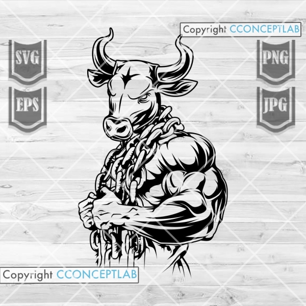 Bull Body Builder svg | Body Physique Instructor Cut File | Fitness Coach T-shirt png | Gym Monogram Stencil | Big Muscle Man Clipart DXF