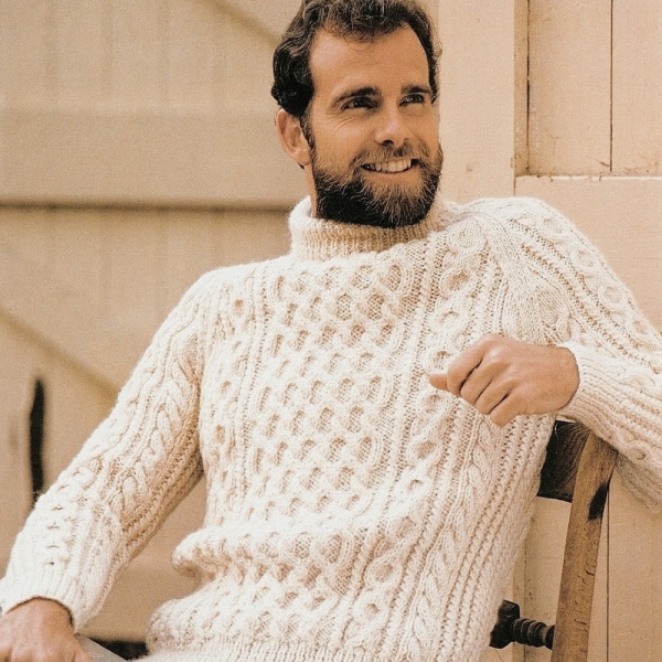 Mens Classic Aran Sweater with Raglan Sleeves and Roll Neck, Vintage Knitting Pattern, PDF, Digital Download - A605