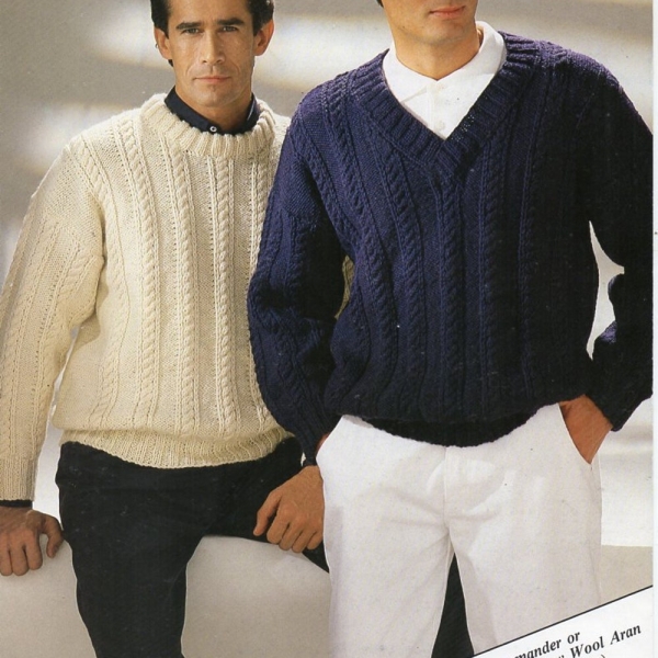 mens cable sweater knitting pattern pdf download mens crew or v neck jumper 36-48 inch chest Aran worsted 10ply yarn pdf instant download