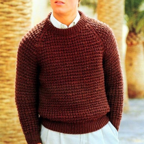 Easy Men's Textured Rib Chunky Wool Raglan Sweater Round Neck 34" - 44"  Knitting Pattern PDF Instant Download