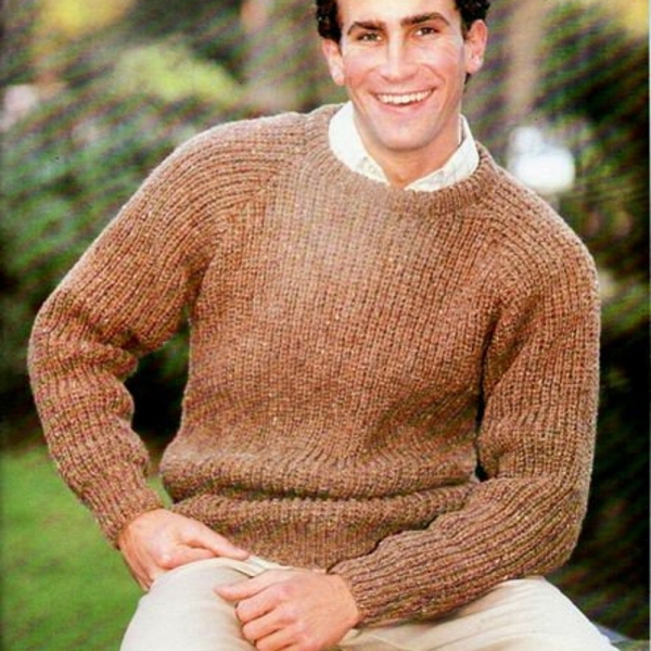 Mens Aran Traditional Fishermans Rib Sweater Ribbed Jumper Raglan Sleeve Vintage 36-42" Aran Worsted 10ply Knitting pattern pdf Download