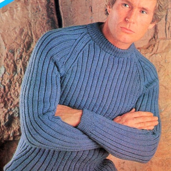 Man's Rib Sweater Raglan Sleeves Round Collar ~ 38" - 44" DK Knitting Pattern PDF Instant Download