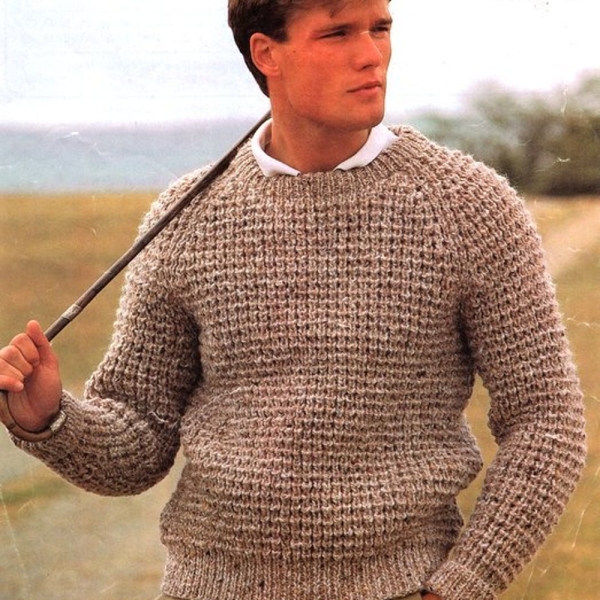 Easy Men's Textured Rib Chunky Raglan Sweater Round Neck 34" - 44" Chunky 12 Ply Knitting Pattern PDF Instant Download