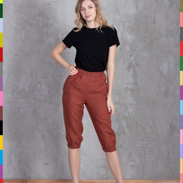 Terracotta Capri. Flax Capris. Capri With Elasstic. Long Shorts. Bellow Knee Shorts. Summer Capris. Cropped Capri. 100% Pure Linen (Italy)