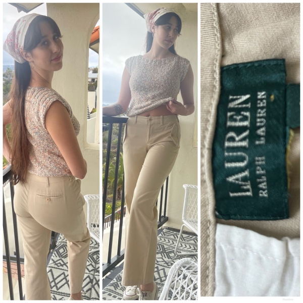 Y2K Ralph Lauren polo Pants Trousers mid rise Beige neutral S M -4