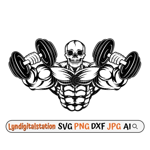 Body Builder Svg | Skull Head Body Builder Clipart | Dead Muscle Man Cut File | Skull Weight Lifter Stencil | Gym T-shirt Design | Dxf | Png