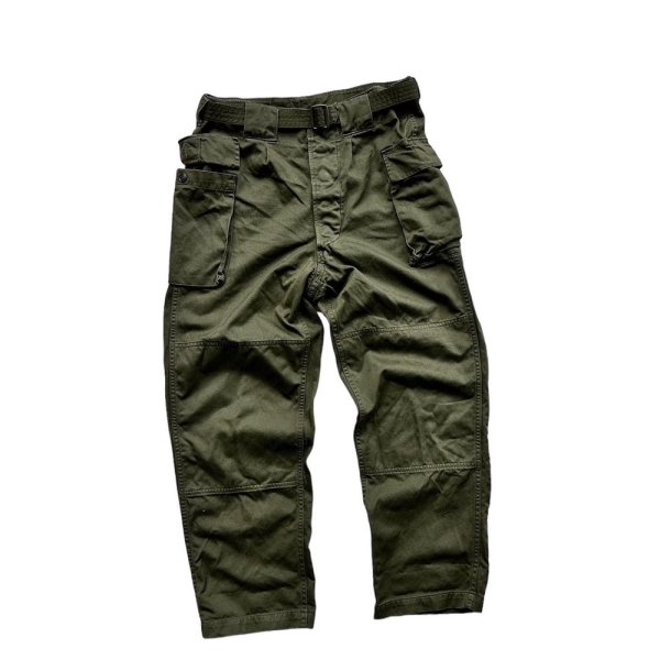 Unique Vintage Japanese Military Chino Pant US Army Camping Trouser Cargo Olive Green Patched Pocket Double Knees Belt Adjustable Waist Rare