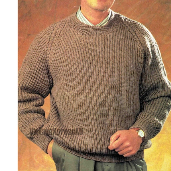 Fishermans Rib Cables Sweater Knitting Pattern in ENGLISH Men 86-122cm 4 sizes DK 8 ply Jumper - Neckband uses circular needles PDF download