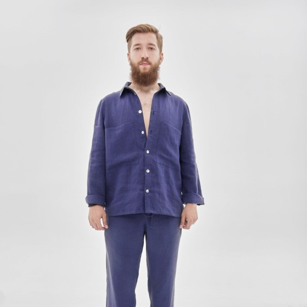 Oversized Men Linen Set - Elegant Flax Trousers and Shirt - Customizable Plus Size Lounge Wear