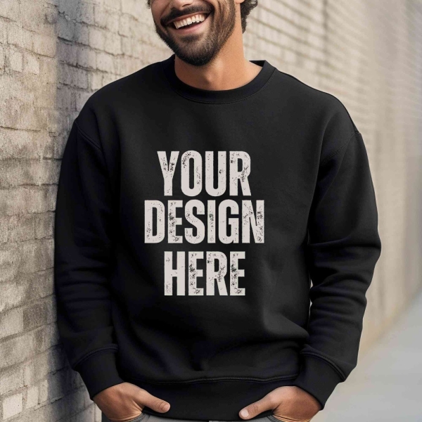 Gildan 18000 black sweatshirt mockup male, Gildan 18000 mockup man, Lifestyle black crewneck mockup, Black Gildan sweater mens model mock up