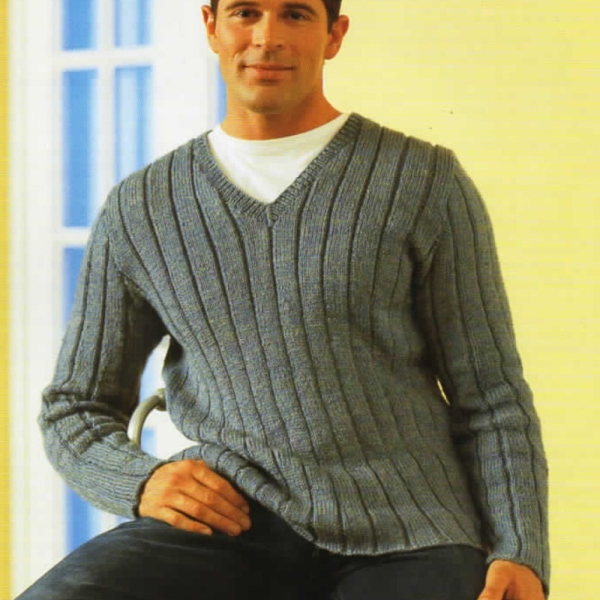 Mans Popular V Neck Easy Ribbed Sweater Jumper 34-42" DK light worsted 8ply Knitting Pattern  Downloadable PDF