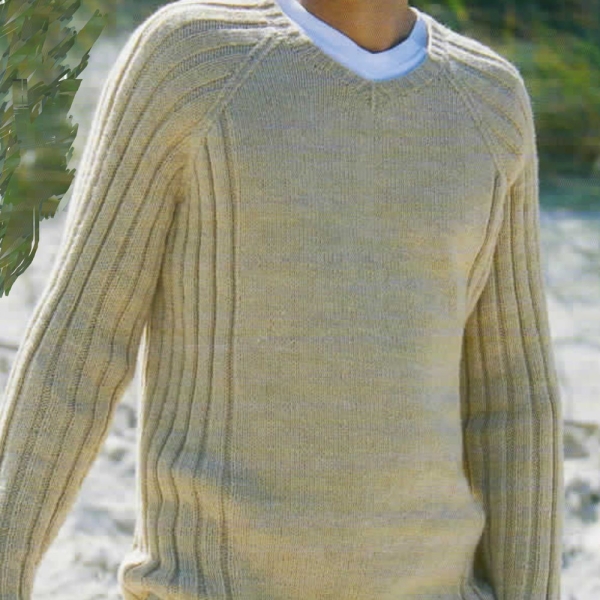 Man's Raglan Sleeve Sweater Jumper Knitted In Round & V Neck 38-48" DK light worsted 8ply Knitting  Pattern Downloadable PDF