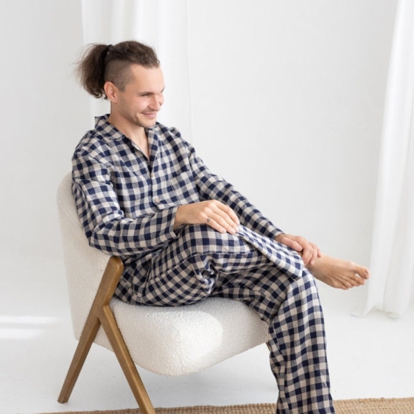 Deep Blue Gingham Linen Pajama Set, Two Piece Linen Men's Pajama Set,Long Sleeve Linen Pajama,Linen Loungewear Set,Linen Christmas Pajama