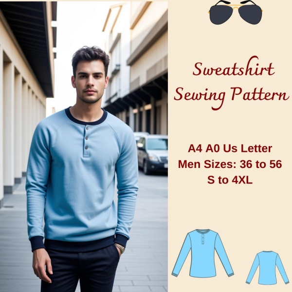 Slim Fit Men's Sweatshirt Sewing Pattern, Shirt Pattern for Men, Mens Sewing Pattern, Sweatshirt pattern, Men Size 36 to 56, S to 4 XL A4 A0