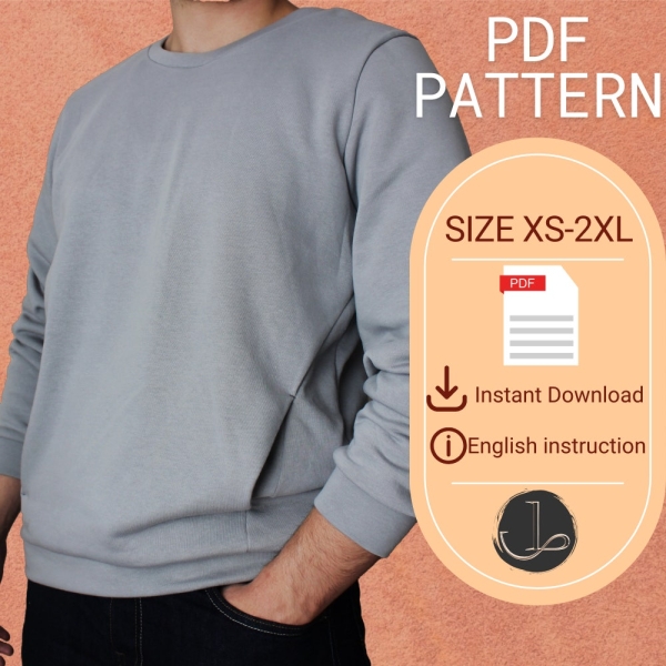 Men's sweatshirt sewing pattern with hidden pocket/PDF Pattern/Sewing patterns for men sweatshirt/Sweatshirt Pattern/Crewneck sweater/Gifts