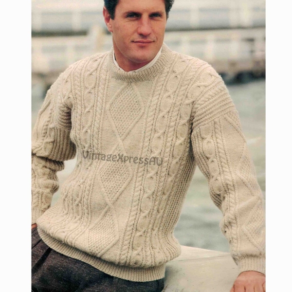 Aran Man's Sweater knitting pattern in ENGLISH Cable knit 8 ply DK Men's 4 sizes 32-46" 81-117cms PDF digital download