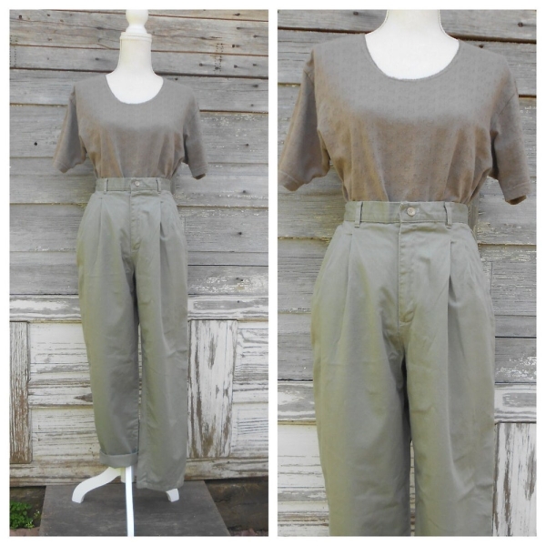 90s Sage Khaki Chinos/High Waisted Pants/Minimal Cotton Trousers/32 waist/size 14 petite
