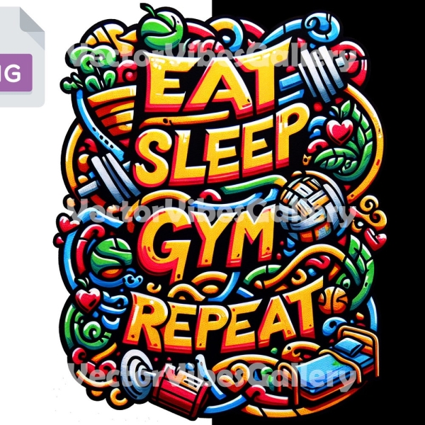 Eat Sleep Gym Repeat Png, Urban Sublimation Design, Graffiti Clipart, Bodybuilding Poster, digital fitness, Transparent Background, 300 DPI