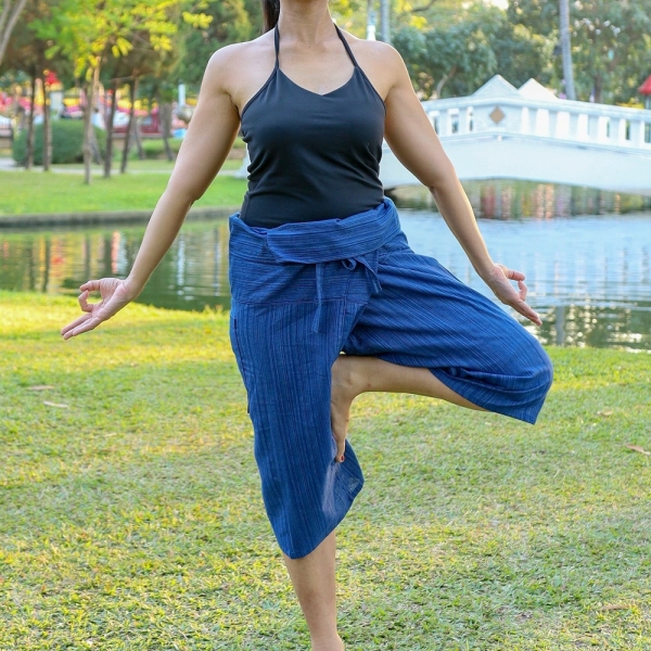 Blue Thai Fisherman pants for Women Flowy Short Yoga Pants 3/4 Length - Cotton Trousers Comfy Maternity Dress - Boho Harem Pants