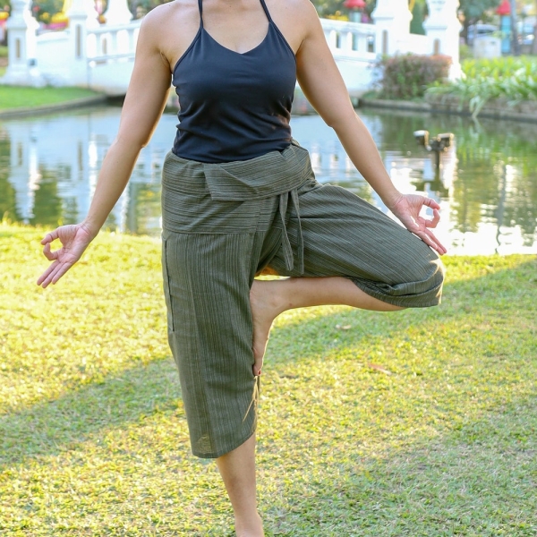 Women Olive Green Yoga Pants Thai Fisherman Style Trousers - Beach Capri Pant Girls - Baggy Harem Pants for Women Hippie Shorts