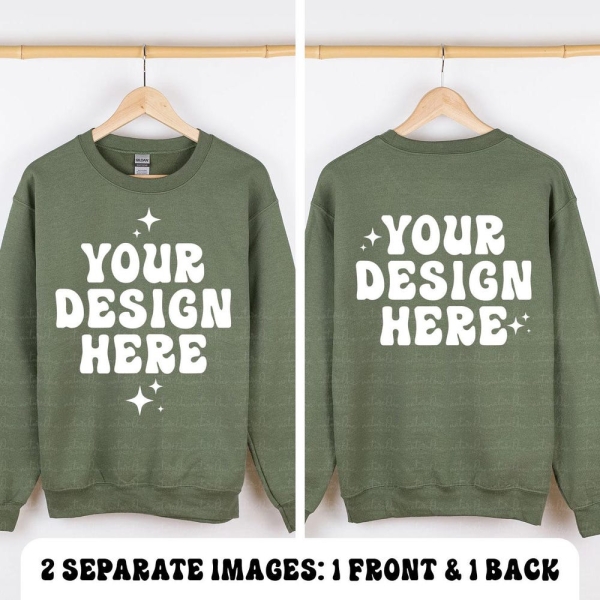 Front and Back Gildan 18000 Military Green Mockup Sweatshirt Mockup G180 Crewneck Mock Hanging Hanger Mock Up Simple Neutral Minimalist