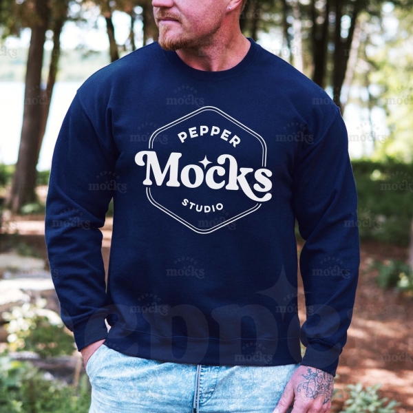 Gildan 18000 Navy Crewneck Sweatshirt Mockup | Mens Blue G180 Sweater Mock-up | Real Model Mock | Casual Simple Male Outdoor Nature Dad