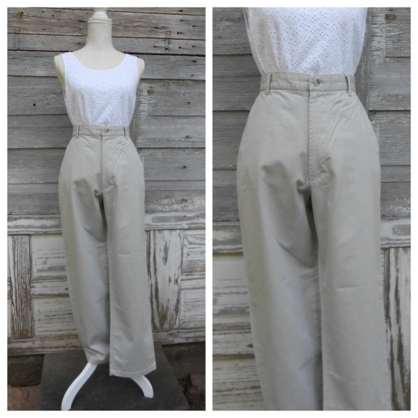 90s Khaki Chinos/High Waisted Pants/Minimal Cotton Trousers/31 waist/size 12