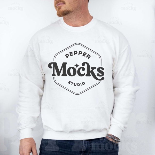 Gildan 18000 White Crewneck Sweatshirt Mockup | Mens White G180 Sweater Mock-up | Real Model Mock | Casual Simple Mock | Mens Gildan 18000