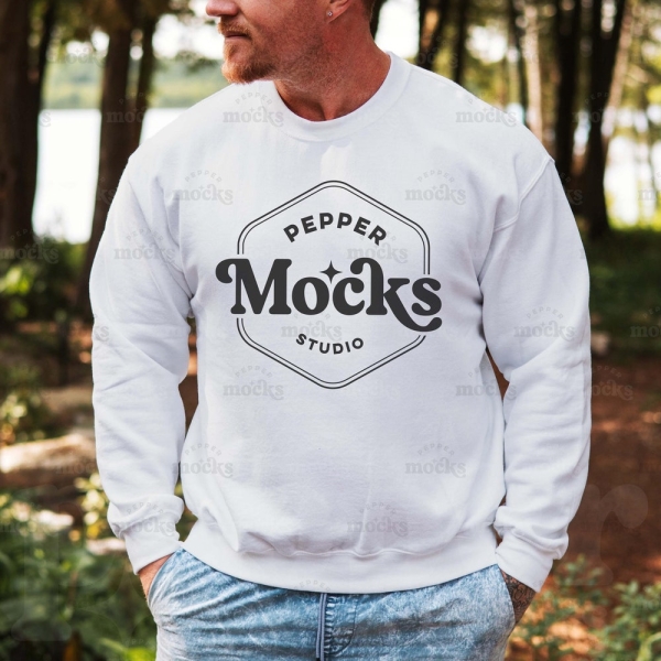 Gildan 18000 White Crewneck Sweatshirt Mockup | Mens White G180 Sweater Mock-up | Real Model Mock | Casual Simple Outdoor Nature Male Dad