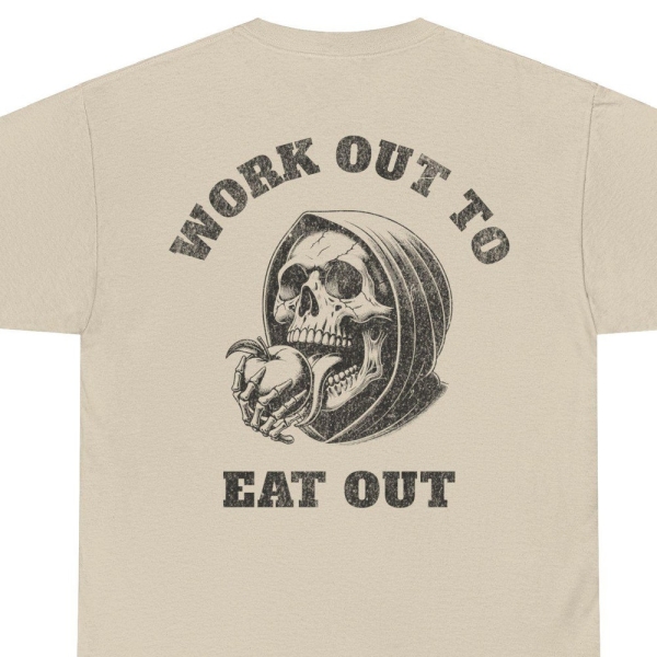 Work Out To Eat Out Gym Heavy Cotton Tee | Bodybuilding Motivation Funny Pump Cover | Edgy Gym Humor Distressed Text Gift Training Tshirt