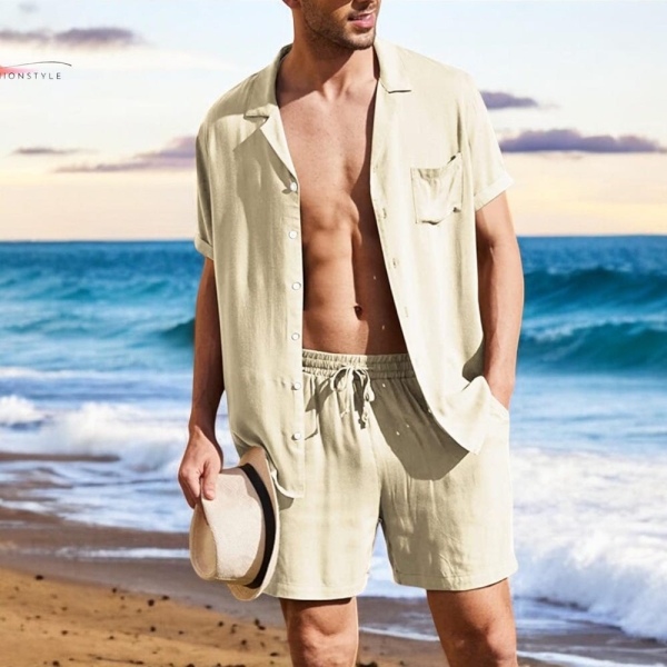 Men's Cotton Linen Set | Casual Outdoor Outfit | Comfortable Short Sleeve Style