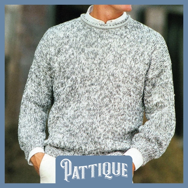 Easy Beginner Men's Flecked Crew Neck Jersey KNITTING PATTERN - Classic Knitted Sweater Pullover Jumper Top Dk 36"- 46" PDF Instant Download