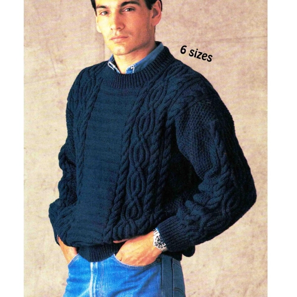 Rugged Aran Cable sweater knitting pattern Men 6 sizes 85-110cms 33.1/2-37.1/2 in DK 8 ply Man's pullover PDF digital download in ENGLISH