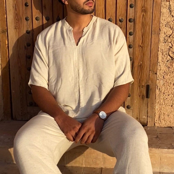 Men's Linen Ensemble simple - Premium Flax Tunic Shirt  Pants - Organic, Comfortable Stylish Clothing Set for Spring and Summer Outings