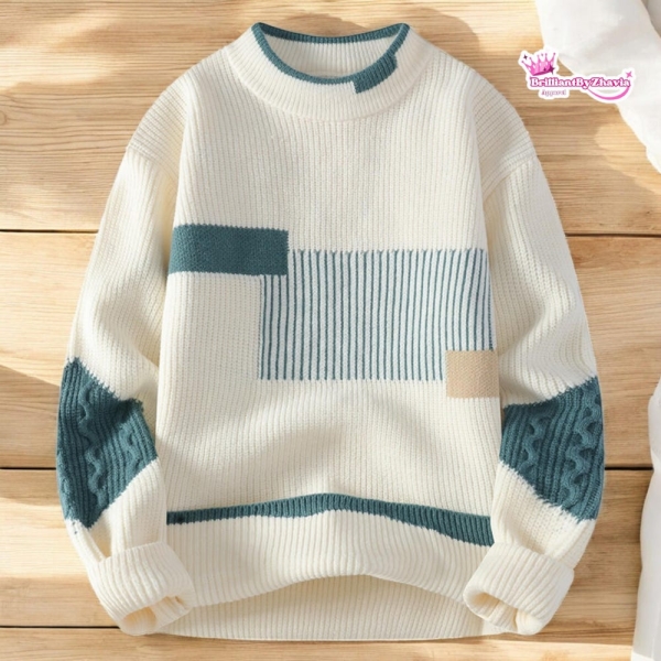 Men's Mock Neck Knitted Sweater, Vegan Minimalist Winter Pullover, Patchwork Fashion Knitwear, Cozy Autumn Casual Wear, Holiday Gift for Him