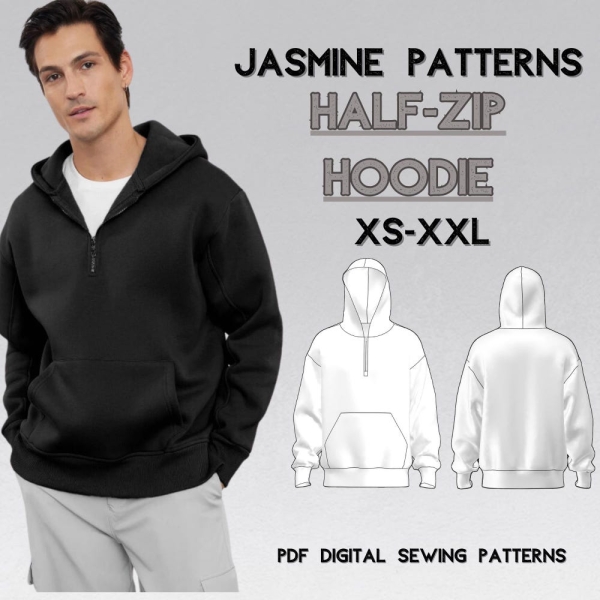 Men's Half Zipper Hoodie Sewing Pattern | Loose Fit Hooded Sweat | Easy Sewing Pattern |PDF Pattern Instant Download | A4-A0-Letter | XS-XXL