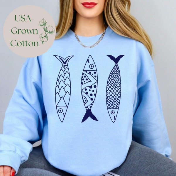 Unisex nautical fish sweatshirt cozy minimalist sardine pullover simple fisherman aesthetic sweater unique trendy gift idea for her or him