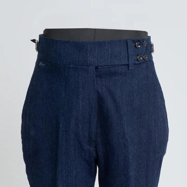 Men Custom Made Blue Denim Gurkha Dress Pants Buttons Closure Buckle Fastenings With Loop Business Formal Men's Casual Work Style Trousers